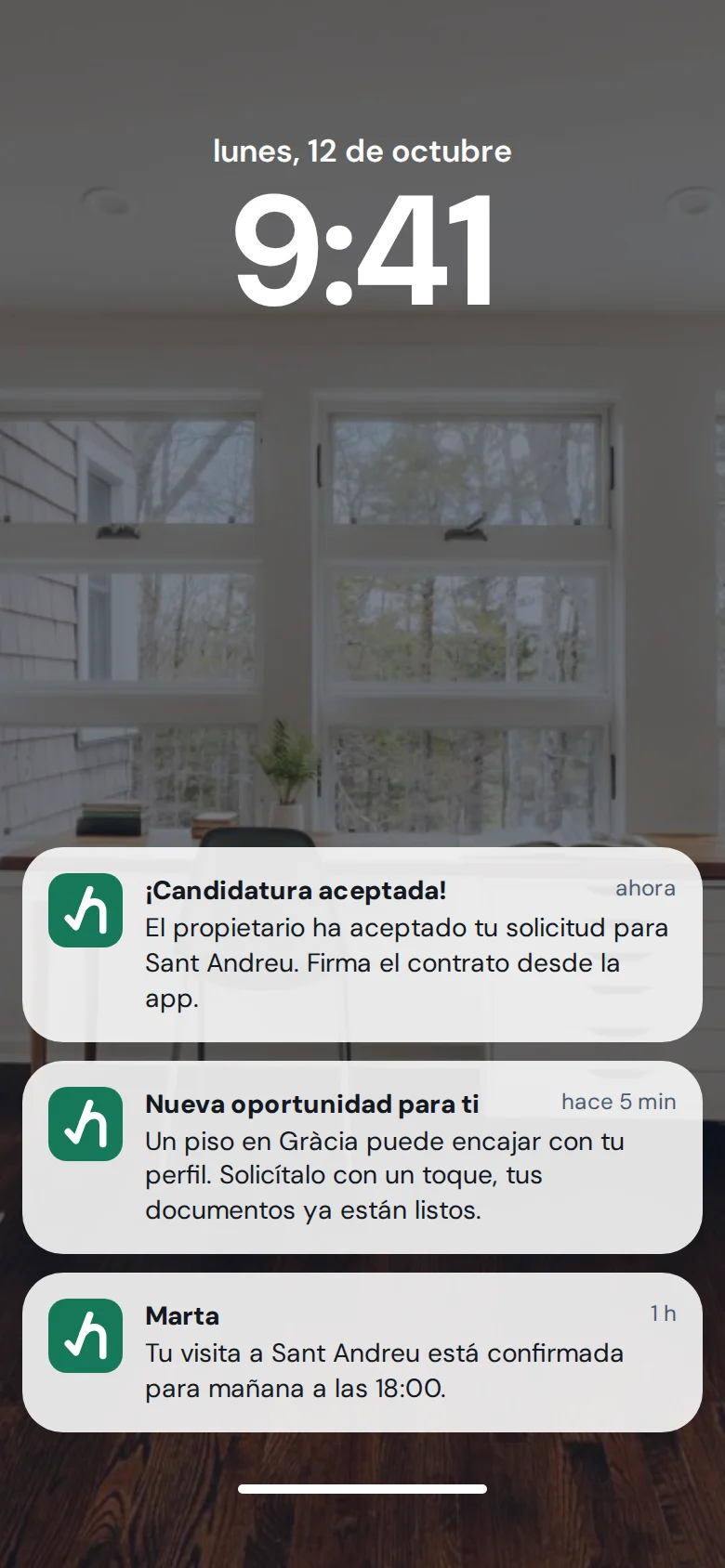 Pantalla de bloqueo con notificaciones: candidatura aceptada